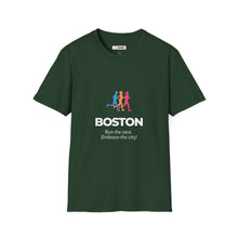 Load image into Gallery viewer, Boston Marathon Fans Unisex T-Shirt - Run the Race, Embrace the City! White Text