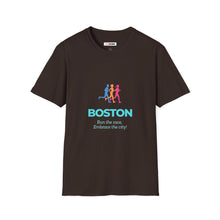 Load image into Gallery viewer, Boston Marathon Fans Unisex T-Shirt - Run the Race, Embrace the City! Aqua Text